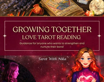 May include: An image featuring a tarot card reading theme. The image includes a deck of tarot cards with "The Lovers" card visible, dried lavender, and the text "GROWING TOGETHER LOVE TAROT READING". The image also includes a cartoon of a woman holding a heart.