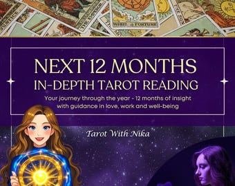 Puede incluir: Imagen promocional para un servicio de lectura de tarot. La imagen presenta cartas del tarot, un fondo púrpura con el texto "NEXT 12 MONTHS IN-DEPTH TAROT READING" y una ilustración de una mujer sosteniendo una rueda brillante.