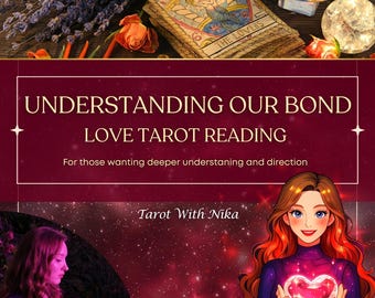 May include: Image featuring a tarot card reading theme. The text reads "UNDERSTANDING OUR BOND LOVE TAROT READING". The image includes a tarot card, flowers, and an illustration of a woman holding a glowing heart.