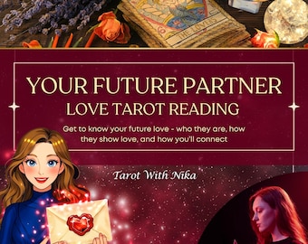 May include: An image advertising a love tarot reading. The text reads "YOUR FUTURE PARTNER LOVE TAROT READING" and "Tarot With Nika". The image includes tarot cards, flowers, and a cartoon illustration of a woman.