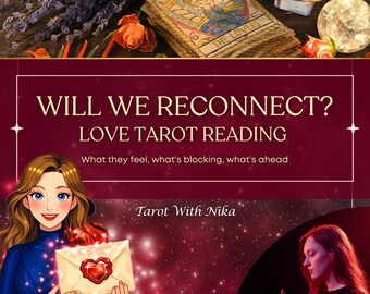 May include: An image promoting a love tarot reading. The text reads "Will We Reconnect? Love Tarot Reading" with the tagline "What they feel, what's blocking, what's ahead." The image includes tarot cards, flowers, and a woman holding an envelope with a heart seal.