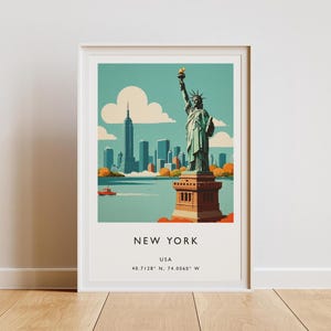 Vintage New York City Travel Poster • Retro NYC Skyline Art Print • Statue of Liberty Printable Wall Decor
