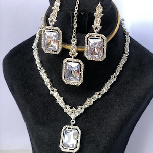 Elegant Faux Crystal Jewellery Set | Silver Plated Necklace & Earrings | Bridal Party Wear | Statement Jewellery Set | Wedding Gift for Her