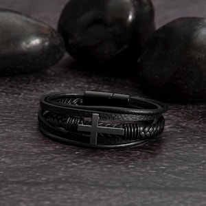 Black Leather Cross Bracelet Men’s Christian Friendship Gift