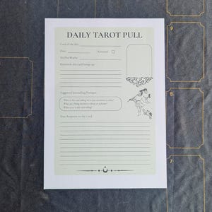 Könnte beinhalten: Eine weiße Daily Tarot Pull-Journalseite mit einem hellgrünen Rand. Die Seite enthält Aufforderungen für Kartendetails, Schlüsselwörter und das Führen eines Journals. Eine kleine Illustration einer Figur mit einem Stab befindet sich auf der rechten Seite.