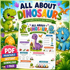 Può includere: Un foglio di attività PDF stampabile intitolato All About Dinosaurs con dinosauri dei cartoni animati colorati, un uovo giallo e sezioni per inserire fatti, disegnare e contare le uova, su uno sfondo vivace a tema giungla.