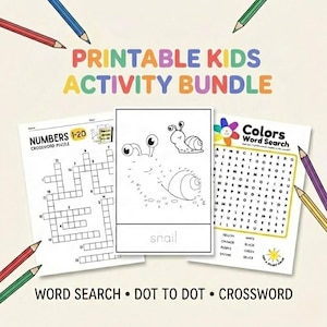 Printable Kids Activity Bundle | Word Search Dot to Dot Crossword Worksheets | Preschool Kindergarten Learning PDF