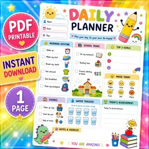 Può includere: Una colorata pagina di pianificazione giornaliera stampabile con sezioni per routine mattutina, compiti scolastici, obiettivi, umore, faccende, tracciamento dell'acqua e risultati, illustrata con un matita, un sole e un dinosauro.