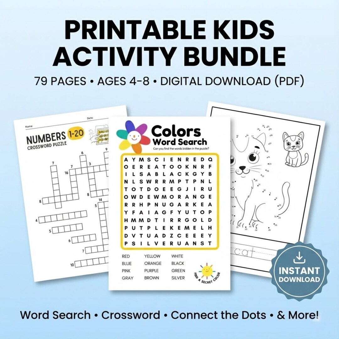 Printable Kids Activity Book Bundle PDF Ages 4 8 Word Search Crossword ...