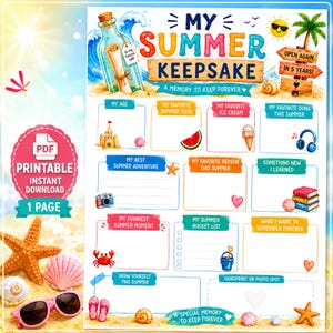 Può includere: Un foglio di attività stampabile My Summer Keepsake con illustrazioni colorate di un messaggio in una bottiglia, una palma ed elementi da spiaggia. La pagina include sezioni per età, cibi preferiti, canzoni e ricordi a tema estivo.