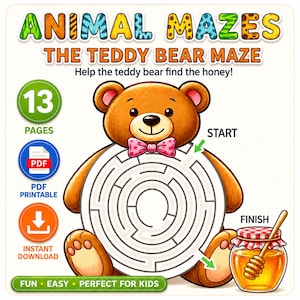 Può includere: Un foglio di attività digitale intitolato ANIMAL MAZES THE TEDDY BEAR MAZE con un orsacchiotto marrone che indossa un papillon rosa a pois. L'orso tiene un labirinto circolare con un punto START e FINISH verso un barattolo di miele. 13 PAGES.
