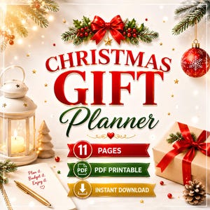 Può includere: Un pianificatore digitale di regali di Natale con il testo CHRISTMAS GIFT Planner, 11 PAGES, PDF PRINTABLE e INSTANT DOWNLOAD. Il design include un fiocco rosso, una lanterna bianca con candela, un pacchetto regalo e una penna dorata.