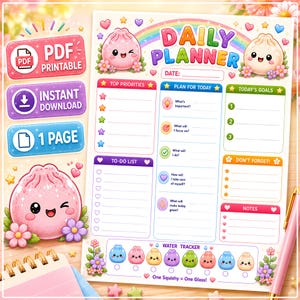 Può includere: Una pagina di pianificatore giornaliero stampabile con un arcobaleno, simpatici personaggi a forma di gnocco e sezioni per priorità, lista delle cose da fare, piano per oggi, obiettivi, note e un tracker dell'acqua con il testo One Squishy = One Glass.