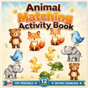 Può includere: Un libro di attività di abbinamento animali con illustrazioni ad acquerello di orsi, volpi, uccelli blu, anatre, elefanti e tartarughe. La copertina presenta il titolo in grande testo marrone e arancione, un'icona PDF e 12 pagine.