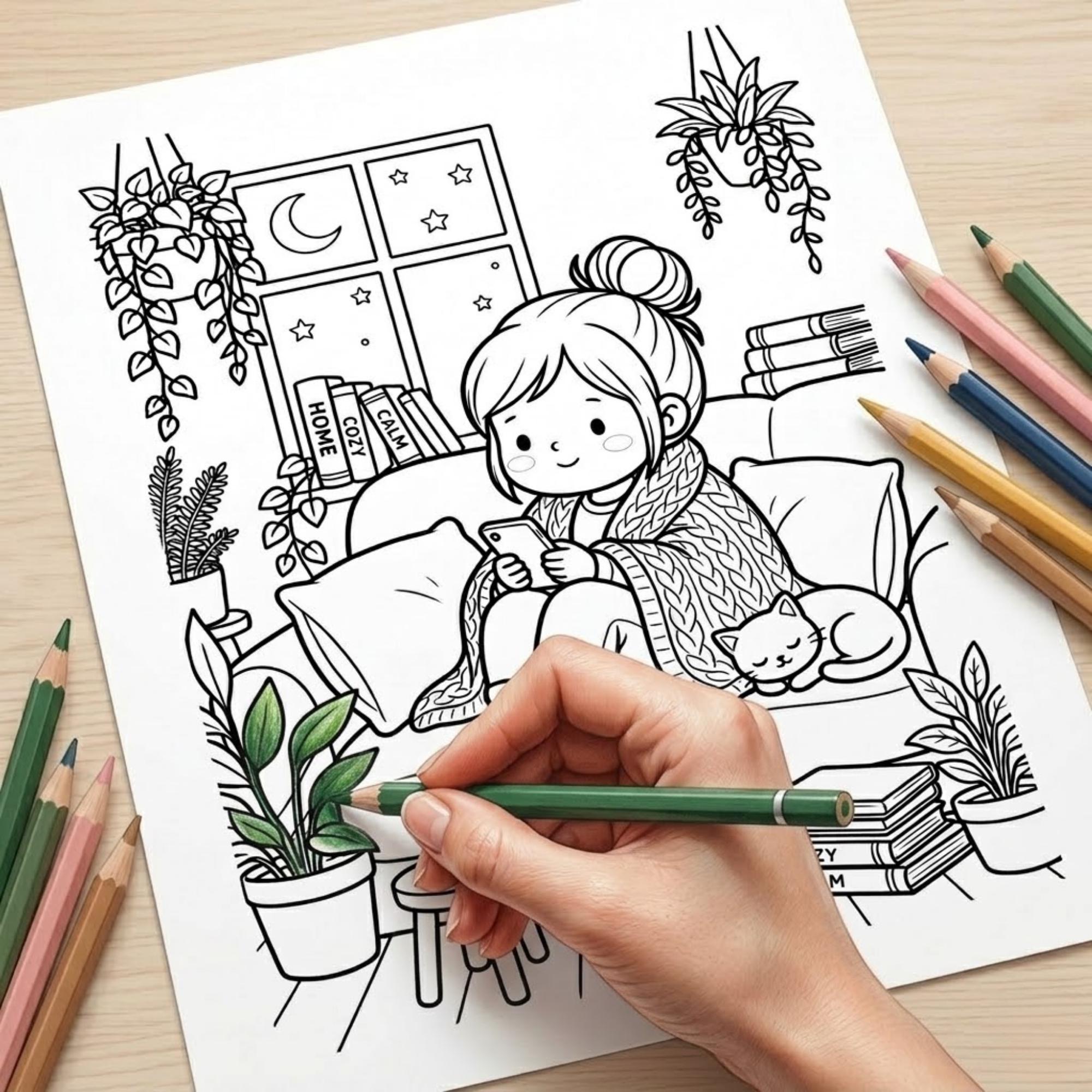 Cozy Girl Coloring Book for Adults & Teens | Cute Kawaii Coloring Pages ...