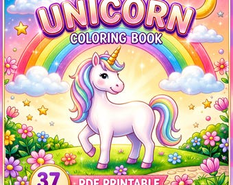 Puede incluir: Portada de libro para colorear de unicornio con un unicornio blanco de crin y cola arcoíris en un campo de flores. El fondo muestra un arcoíris, nubes, estrellas y una luna creciente. Texto: UNICORN COLORING BOOK, 37 PAGES, PDF PRINTABLE, INSTANT DOWNLOAD.