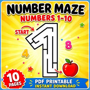 Può includere: Un foglio di attività didattica digitale con un grande labirinto a forma di numero uno, una freccia di inizio e una mela rossa alla fine. Lo sfondo giallo include il testo NUMBER MAZE NUMBERS 1-10, un badge 10 PAGES e PDF PRINTABLE INSTANT DOWNLOAD.