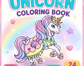 Puede incluir: Una portada de libro de colorear digital con el texto UNICORN COLORING BOOK en la parte superior. Un unicornio blanco con crin multicolor, corona dorada y traje con volantes está centrado. Incluye etiquetas PDF, PRINTABLE, INSTANT DOWNLOAD y 24 PAGES.