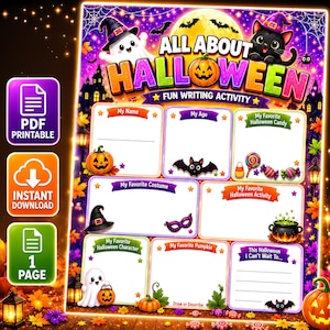Può includere: Una scheda di attività di scrittura a tema Halloween intitolata All About Halloween. La pagina presenta illustrazioni colorate di un fantasma, un gatto nero, zucche, pipistrelli e caramelle. Include sezioni vuote per nome, età, caramelle, costume, attività, personaggio e zucca.