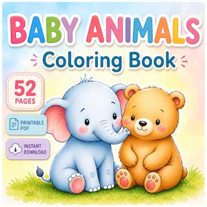 Può includere: Un libro da colorare Baby Animals con 52 pagine, PDF stampabile e download istantaneo. La copertina mostra un elefante azzurro e un orso marrone seduti sull'erba verde su uno sfondo arcobaleno con testo colorato.