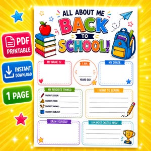 Può includere: Un foglio di lavoro stampabile All About Me Back to School con una pila di libri, una mela rossa e uno zaino blu. La pagina include sezioni per nome, età, classe, cose preferite, obiettivi, un'area per disegnare e varie domande.