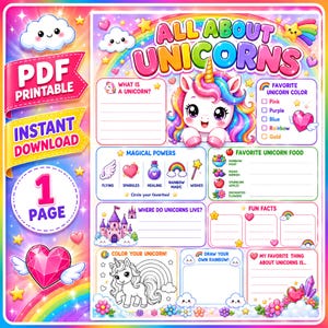 Può includere: Un foglio di attività stampabile e colorato intitolato All About Unicorns con un'illustrazione centrale di un unicorno, sezioni per poteri magici, cibi preferiti e curiosità, oltre ad aree per colorare un unicorno e disegnare un arcobaleno.