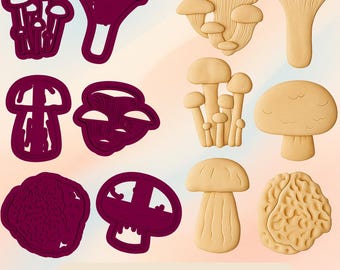 Pode incluir: Uma variedade de objetos em forma de cogumelo em vários designs e cores. Alguns são recortes em vermelho escuro, enquanto outros são modelos 3D bege. O texto "Digital file for 3D printing" está na parte inferior.