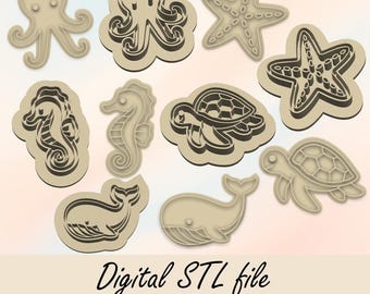 Cortador de arcilla polimérica de animales marinos, cortadores de arcilla de verano, archivo STL digital, cortador de galletas, concha, ballena, tortuga, caballito de mar, estrella de mar, pulpo