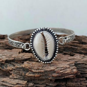Natural Cowrie Shell, 925 Sterling Silver Cowrie Shell Bangle: Adjustable Boho Stacking Jewelry