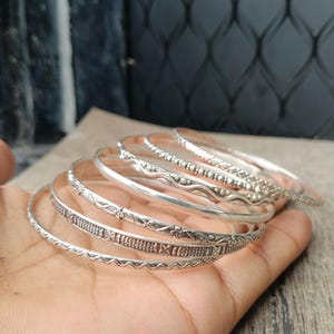Oxidized Sterling Silver Bangle Set, Handmade Floral Design, Set of 7, Boho Tribal Carved Ethnic Bracelet Stack, Gifts For her.