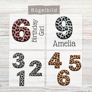Könnte beinhalten: Ein Set von Bügelbildern mit Zahlen in verschiedenen Leopardenmustern. Die Designs umfassen die Zahl 6 mit dem Text Birthday Girl, die Zahl 9 mit dem Namen Amelia sowie die Zahlen 1, 2, 3, 4, 5 und 6 in verschiedenen Farben.