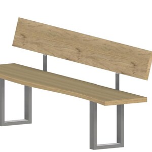 May include: A modern bench with a light brown wooden seat and backrest. The backrest is angled. The bench has a rectangular shape and is supported by gray metal legs. The design is minimalist and suitable for outdoor or indoor use.