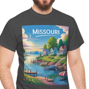 Missouri Scenic Heavy Cotton Tee, Travel Souvenir, Gifts for Nature Lovers, Summer Lake of the Ozarks, Missouri Lake scene