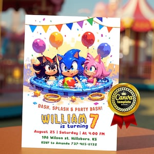 Sonic Pool Party Birthday Invitation - Editable Canva Template. Sonic the Hedgehog, Shadow & Amy Rose Invite Card. Digital Party Invite
