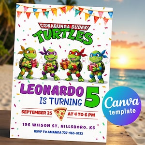 Ninja Turtles Cowabunga Invitation Birthday Party – Editable Canva Template for Ninjas Turtle Party. Digital or Printable Invite Card