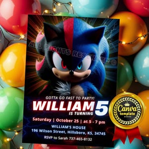 Sonic & Shadow Birthday Invitation - Editable Canva Template. Sonic 3 Invitation Card. Digital Party Invite