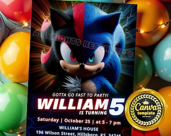 Sonic & Shadow Birthday Invitation - Editable Canva Template. Sonic 3 Invitation Card. Digital Party Invite