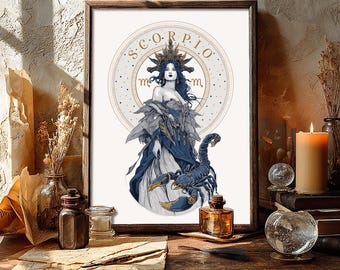 Illustrazione dell'oroscopo dello Scorpione / Poster digitale dello zodiaco dello Scorpione / Arte murale misteriosa dell'astrologia / Idea regalo per San Valentino per lei
