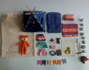 Camping Adventure play set, Felt Miniature tent, Campfire play felt set, Expedition tent for fox