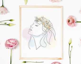Botanische Krone Frau Linie Kunstdruck, weibliches Boho Dekor (Digitaler Download)