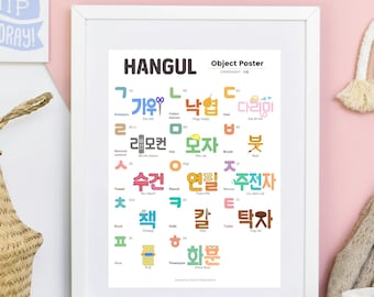 Op de afbeelding: Een ingelijste Hangul object poster met Koreaanse woorden en hun Engelse vertalingen. De poster staat op een witte tafel met babyschoentjes en decoratieve items, waaronder een rol plakband.