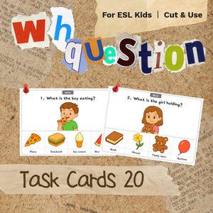 Op de afbeelding: Educatieve taakkaarten voor ESL-kinderen. De afbeelding toont het woord 'Question' in kleurrijke, uitgesneden letters. Twee kaarten tonen illustraties van een jongen die pizza eet en een meisje dat een teddybeer vasthoudt, met gerelateerde woordenschat.