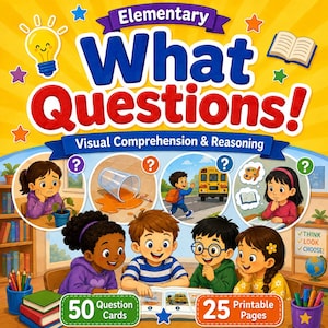 Puede incluir: Una colorida portada de libro educativo titulada Elementary What Questions! Visual Comprehension & Reasoning. La portada presenta ilustraciones de niños aprendiendo, un icono de bombilla y viñetas circulares con varios escenarios.