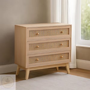 Handmade 3 Drawer Rattan Storage Cabinet – Natural Wood Boho Chest, Rustic Farmhouse Dresser with Woven Drawers for Bedroom & Living Room