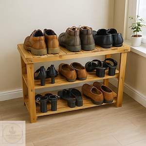 Handmade Acacia Wood Shoe Rack Bench – Natural Entryway Storage Seat, Front Door Shoe Organizer Bench, Strong 200 lbs Weight Capacity