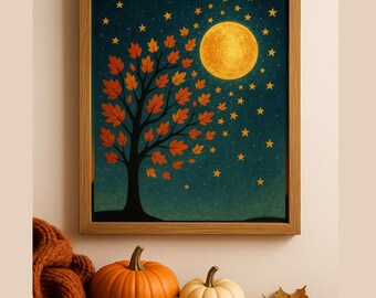 Autumn Wall Art Printable, Harvest Moon Print, Fall Tree Night Sky Digital Download