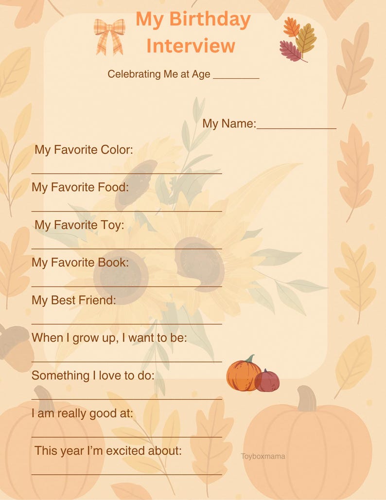 Interview Questions Autumn Fall Birthday Interview Printable: Kids Autumn Keepsake Worksheet (PDF ...