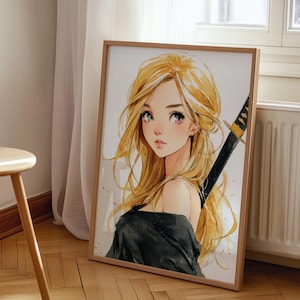 Blonde Anime Girl Art, Cute Anime Poster, Katana Sword Art, Warrior Anime Girl, Kawaii Wall Art, Otaku Room Decor, Manga Girl Prints, Japan