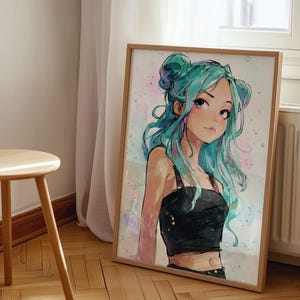 Teal Anime Girl Watercolor Art, Anime Poster, Kawaii Wall Art, Manga Girl Print, Otaku Room Decor, Anime Painting, Japanese Anime Wall Art