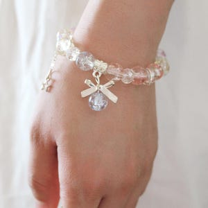 Crystal Bead Bracelet with Bow and Star Charms, Handmade Stretch Jewelry Gift, Cute Stretch Bracelet Gift for Her